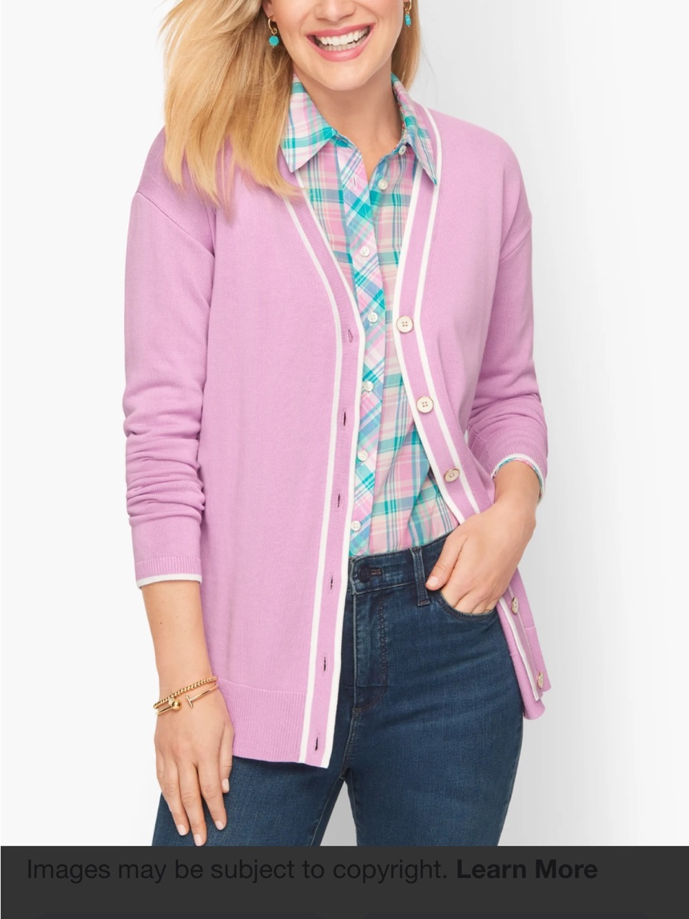 Talbots Light Pink Girlfriend Cardigan V neck with White Trim Size Meduim